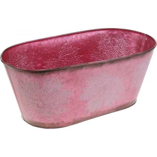 Vaso In Metallo Con Decorazione Autunnale Rosso Vino L38Cm H15Cm, Fioriera Con Decorazione Di Foglie D'acero, Vaso Rustico In Zinco Per Piante Artificiali-image