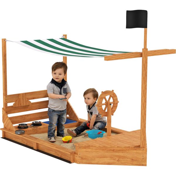 Outsunny Sabbiera Sabbiera Grande Con Copertura In Design Navale Cassetta Del Fango In Legno Nave A Vela Casetta Da Gioco Con Set Da Gioco Cucina Custodia Per Bambini 3-7 Anni Arancione 180 X 103 X 144,5 Cm-image