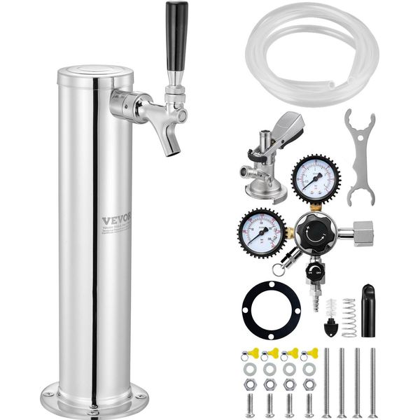 Kit Torre Kegerator, Kit Di Conversione Per Birra A Rubinetto Singolo, Sistema Di Spillatura A Torre Per Birra A Fusto In Acciaio Inox Con Regolatore A Doppio Metro W21,8 E Accoppiatore Per Fusto A-System, Vassoio Raccogli-Birra Per Feste In Casa-image