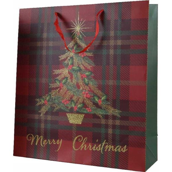 Sacchetto Regalo Natalizio 12X30X42Cm Grande A Scacchi Con Albero Di Natale-image