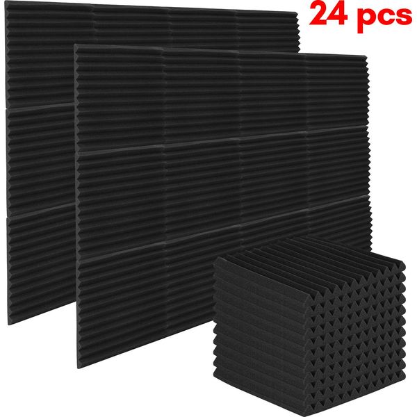Clanmacy 24 Pezzi Di Schiuma Acustica Tappetini Di Schiuma Acustica Scanalatura Triangolare 30 X 30 X 2,5 Cm Tappetini Di Isolamento Acustico Per Piastrelle Di Schiuma Efficace Nero-image