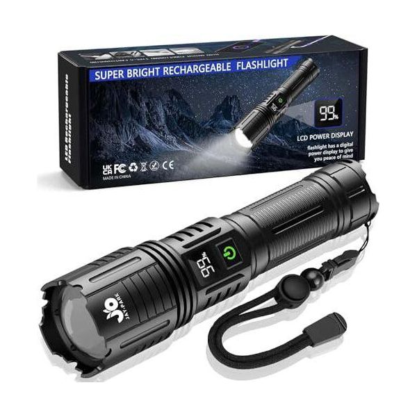 Torcia Led Ricaricabile 500.000 Lumen, Torce, Estremamente Luminosa, Potente Torcia, 5 Modalità Di Luce, Zoomabile, Impermeabile IP67-image