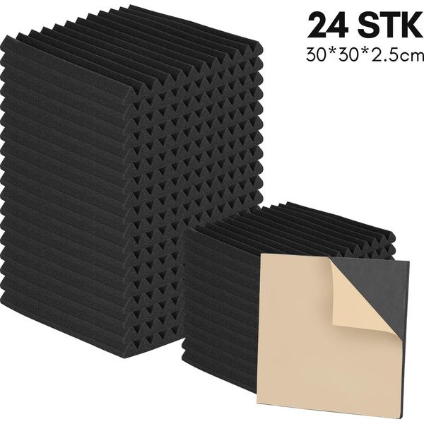 Aopunly 24 Pezzi Di Schiuma Acustica Tappetini Di Schiuma Acustica Scanalatura Triangolare 30 X 30 X 2,5 Cm Tappetini Di Isolamento Acustico Per Piastrelle Di Schiuma Efficace Nero-image