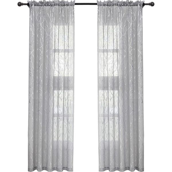 Inf Set Di 2 Tende Trasparenti Con Rami D'albero Argentati - Passante Per Bastone Grigio M-image