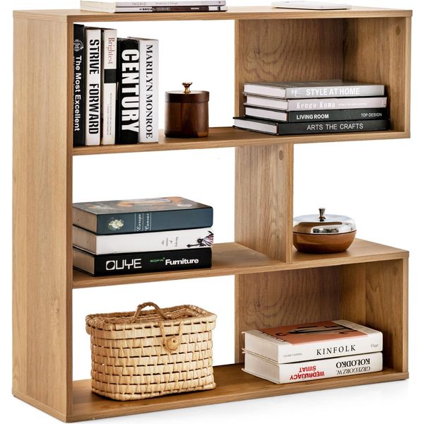 Libreria In Legno Costway, Scaffale In Piedi Con 3 Livelli E Protezione Antiribaltamento, Scaffale Divisorio, Scaffale Per Soggiorno, Camera Da Letto, Naturale (B Concavo)-image