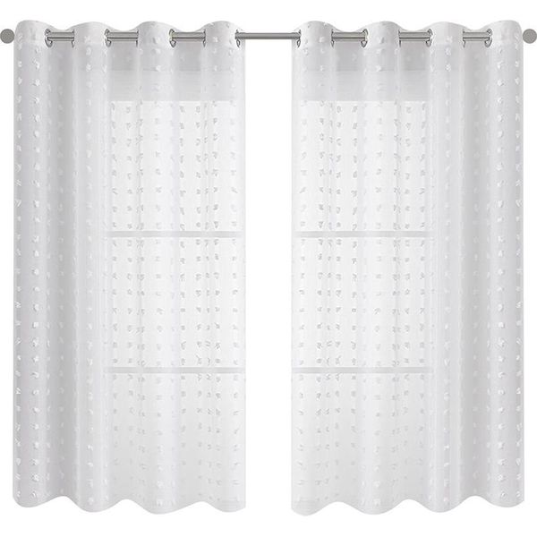 Inf Set Di 2 Tende Trasparenti Con Pompon A Pois - Pannelli Finestra Voile Bianco Xl-image