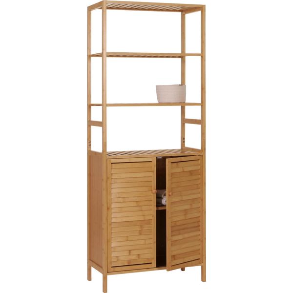 Armadietto Alto HWC-B18, Mobile Da Bagno Scaffale Da Bagno Scaffale Da Bagno, 2 Ante 4 Ripiani Bambù Mdf ® 168X64X33Cm-image