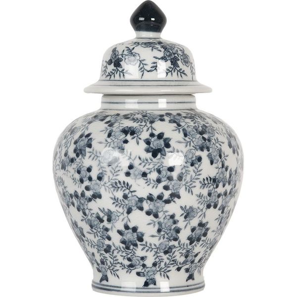 Clayre & Eef Vaso Con Coperchio Ø 14X21 Cm In Ceramica Bianca Blu-image