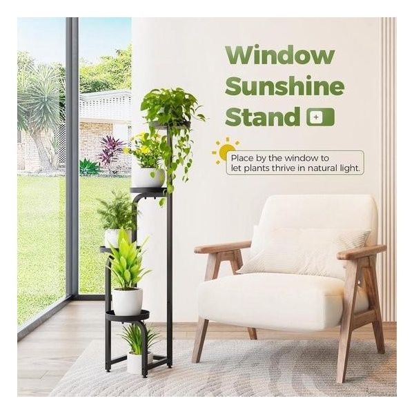 Supporto Per Piante Alto Per Interni Ed Esterni - Supporto Angolare In Metallo - Piante Multiple - Scaffale Per Piante Robusto A 4 Livelli - Terrazza, Giardino, Balcone, Soggiorno, Camera Da Letto, Nero-image