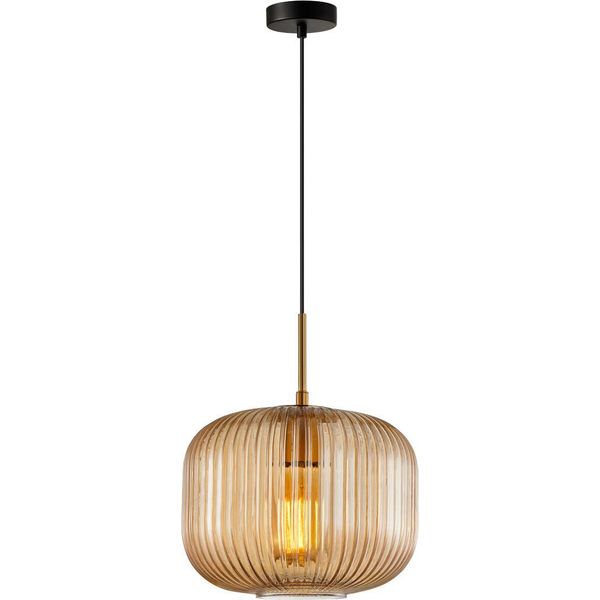 Lampada A Sospensione Moderna In Vetro Ambrato Paralume Decorativo Intradosso Nero Per Soggiorno Cucina 1Xe27 40W Gavino Italux-image