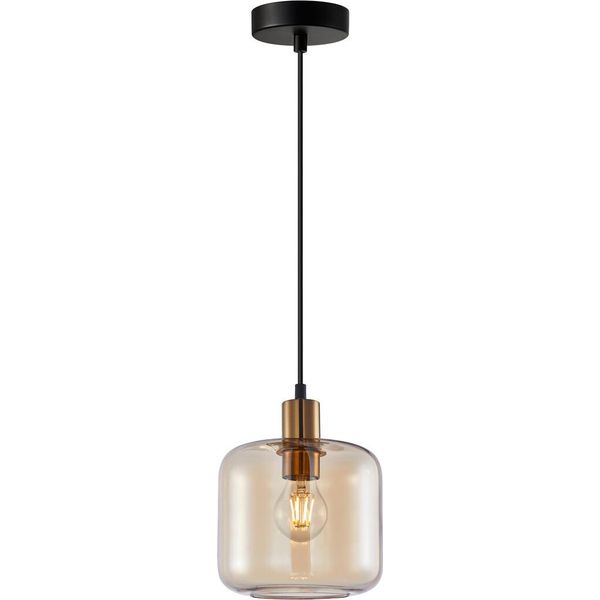 Lampada A Sospensione Moderna In Oro E Nero Con Paralume In Vetro Ambrato Per Soggiorno Camera Da Letto 1Xe27 40W Zona Italux-image
