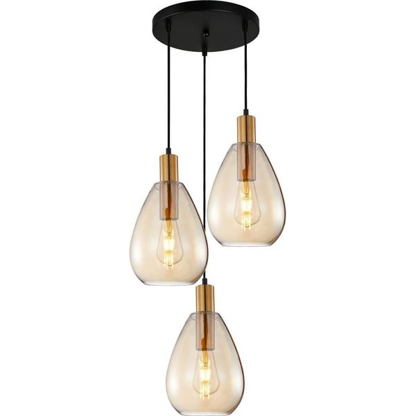 Moderna Lampada A Sospensione Rotonda Nero-Oro Con Paralume In Vetro Ambrato Per Soggiorno Sala Da Pranzo 3Xe27 40W Zulo Italux-image