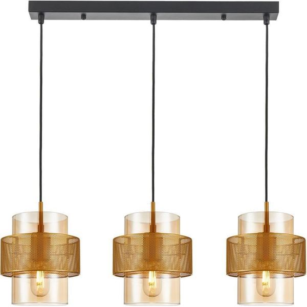Lampada A Sospensione Decorativa Con Paralumi In Vetro Ambrato Su Striscia Nera Per La Sala Da Pranzo Sopra Il Tavolo 3Xe27 40W Vinoti Italux-image