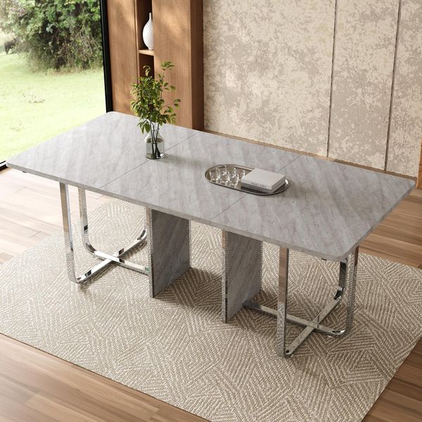 Tavolo Da Pranzo Rettangolare Flieks, Tavolo Da Lavoro Con Gambe In Metallo, Tavolo Per 6 Persone, Tavolo Da Cucina Moderno E Semplice, Grigio + Argento-image