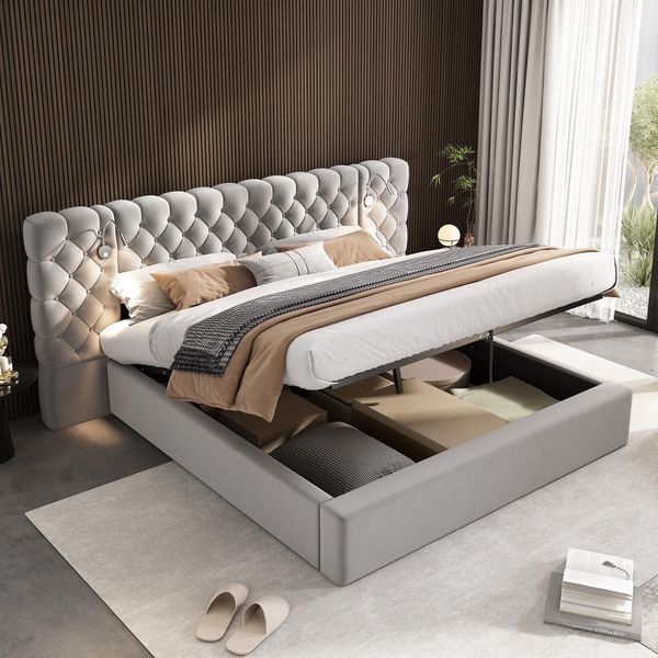 Letto Imbottito Abrihome 180X200 Cm Con Contenitore, Letto Matrimoniale In Velluto Idraulico Con Illuminazione Led, Grigio-image