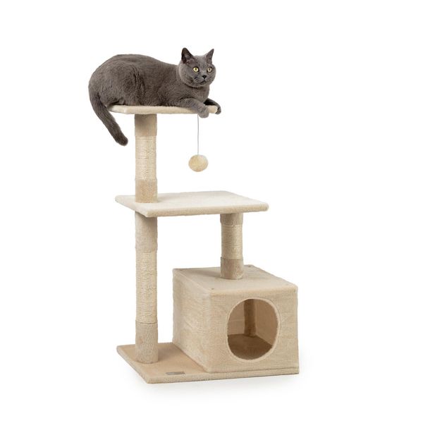 Tiragraffi Per Gatti Lionto, Albero Tiragraffi E Giochi Compatto Da 85 Cm Con Grotta, 2 Piattaforme, Palla Di Peluche E Bastoncini Di Sisal, Con Supporto A Parete, Beige-image