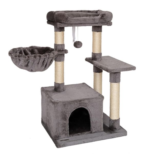 Tiragraffi Compatto Lionto 85 Cm, Albero Per Gatti Salvaspazio Con Palla Da Gioco, Tronco In Sisal E Superficie Tiragraffi, Grigio Scuro-image