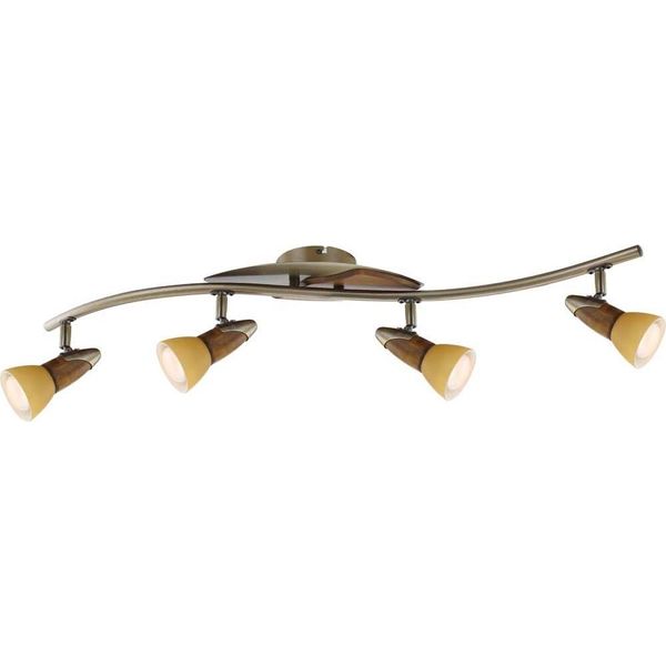 Globo Lighting Faretto In Metallo Ottone Antico, Legno Marrone Scuro, Vetro Arancione, Bianco, Lxlxh: 840X360X175Mm, Escl. 4X E14 R50 40W 230V-image