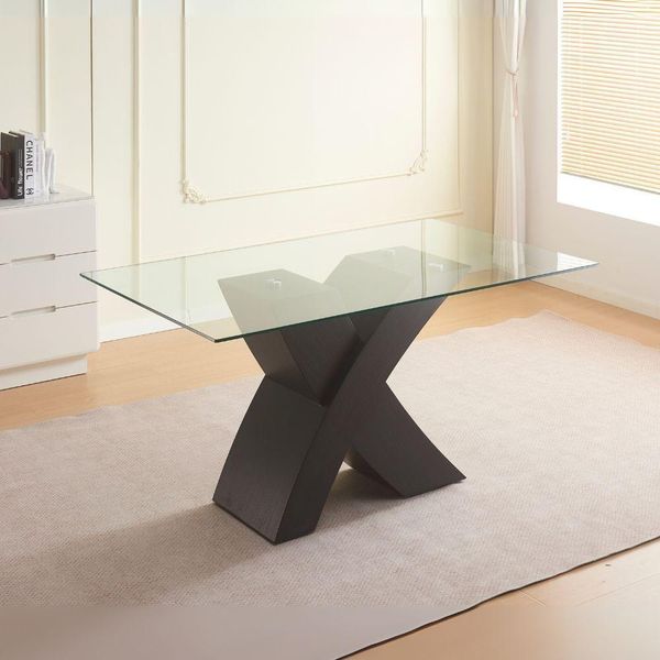 Tavolo Fisso Duncan Con Piano In Vetro E Gambe Incrociate Effetto Legno Nero 150X90X76H-image