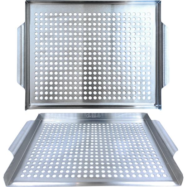 Gardenko Teglia Da Grill In Acciaio Inossidabile 40X29 Cm Perforata Con Manici – Per Verdure, Pesce E Carne, Riutilizzabile, Lavabile In Lavastoviglie-image