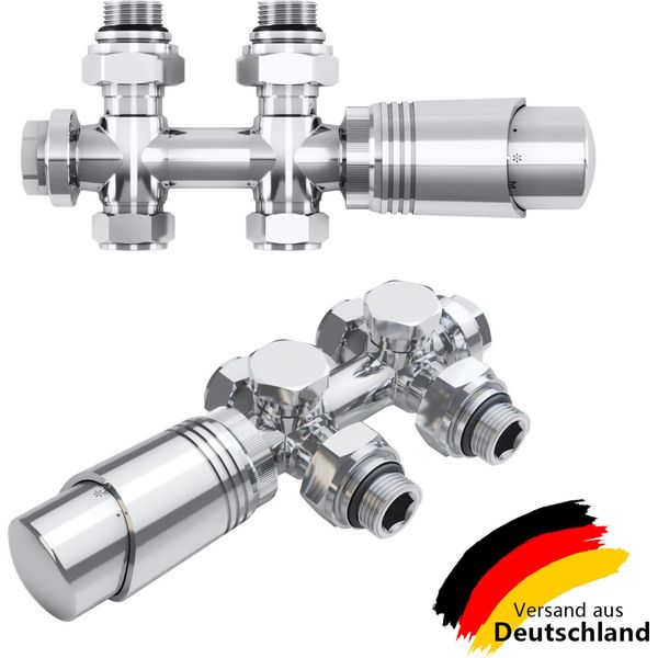 Elegant Set Multiblocco Per Radiatore Raccordo Incl. Termostato Blocco Rubinetto Valvola Accessori Per Il Riscaldamento Forma Angolare E Diritta Cromo-image