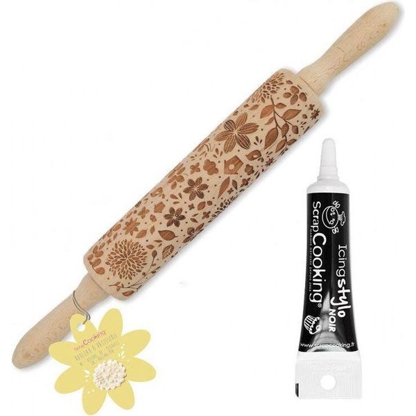 Rotolo Di Legno Per Dolci Con Stampe Naturali + Penna Nera Per Glassa-image