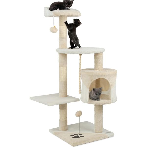 Tiragraffi Lionto Per Gatti Alto 112 Cm, Con Grotta, Corda In Sisal, Palline Di Peluche E Supporto A Parete, Albero Compatto Per Arrampicarsi, Beige/Bianco-image