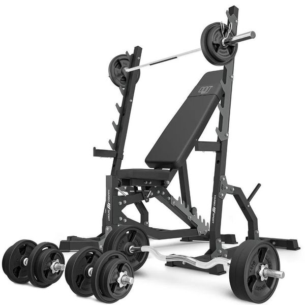 Marbo Sport - Set MS8_2.0_113KG_G | Panca Pesi Regolabile Bifacciale + Supporto Multilivello (2 Pezzi) + Barra Gommata E Set Di Piastre Pesi 113 Kg-image