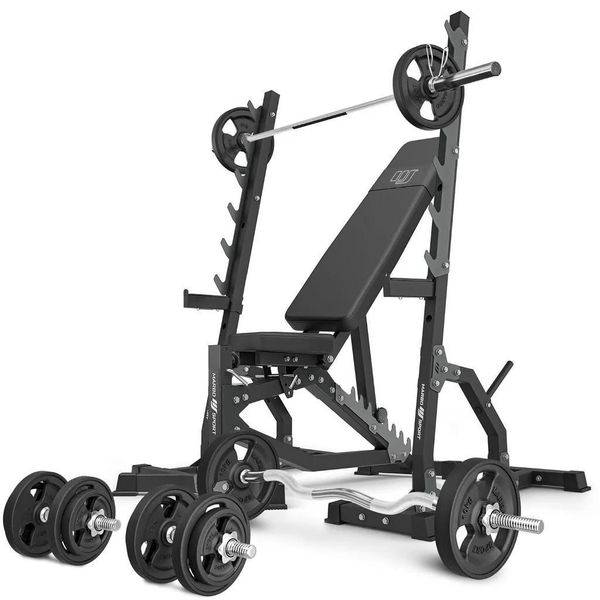 Marbo Sport - Set MS8_2.0_83KG_G | Panca Pesi Regolabile Bifacciale + Supporto Multilivello (2 Pezzi) + Barra Gommata E Set Di Piastre Pesi 83 Kg-image