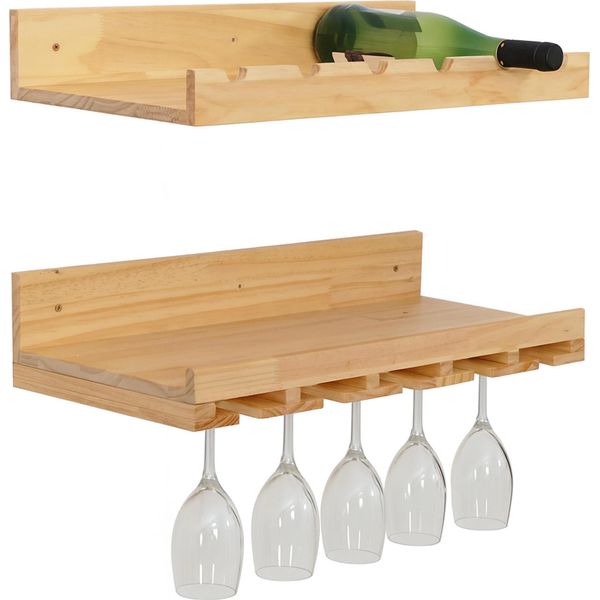 Set Di 2 Portabottiglie HWC-P22, Portabicchieri/Portabottiglie Da Parete Per 6 Bottiglie/15 Bicchieri In Legno Mvg 61X28Cm ~ Naturale-image