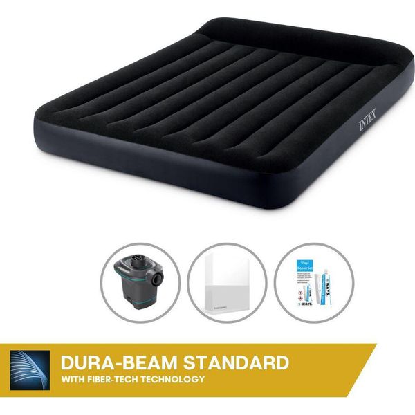 Letto Gonfiabile Intex - 2 Persone - 183 X 203 X 25 Cm - Nero + Pompa Elettrica Intex - 650 Litri/Min + Lenzuola Bianche + Kit Di Riparazione-image
