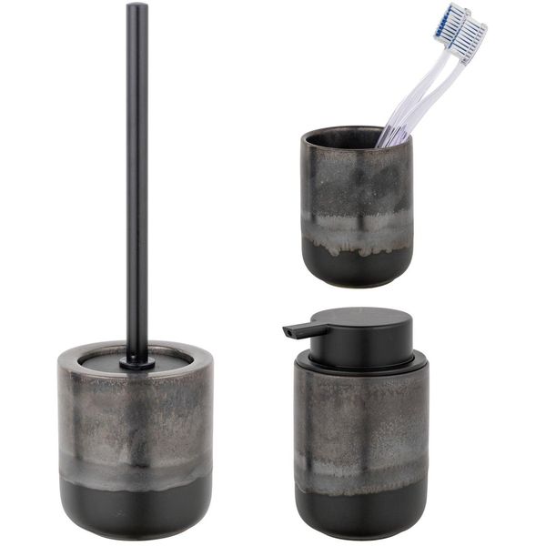 Badaccessoire-Set "»Riolo«", Grau, Edelstahl, Keramik, SchÖNer WOHNEN-KOLLEKTION, Badaccessoires-Sets, Zahnputzbecher, Seifenspender & Wc-Garnitur, Aus Keramik, Effektglasur-image