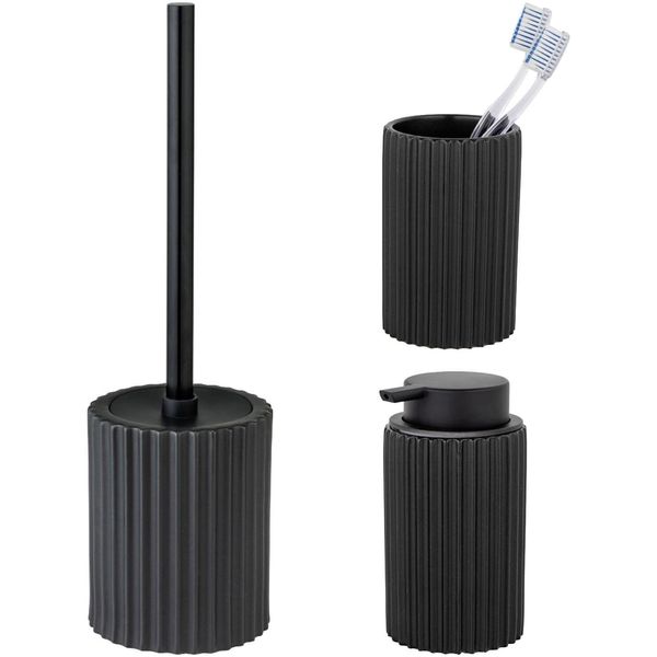 Badaccessoire-Set "»Soliera«", Schwarz, Geriffelt, Edelstahl, Keramik, Schöner WOHNEN-KOLLEKTION, Badaccessoires-Sets, Zahnputzbecher, Seifenspender & Wc-Garnitur, Keramik, Rillenstruktur-image