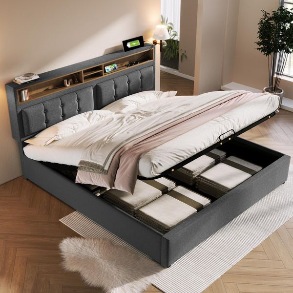 Letto Imbottito Flieks 140X200Cm Con Usb E Prese Di Corrente, Letto A Molle Insacchettate Letto Matrimoniale Con Contenitore, Letto Contenitore Letto Giovanile Con Rete A Doghe, Lino, Grigio-image