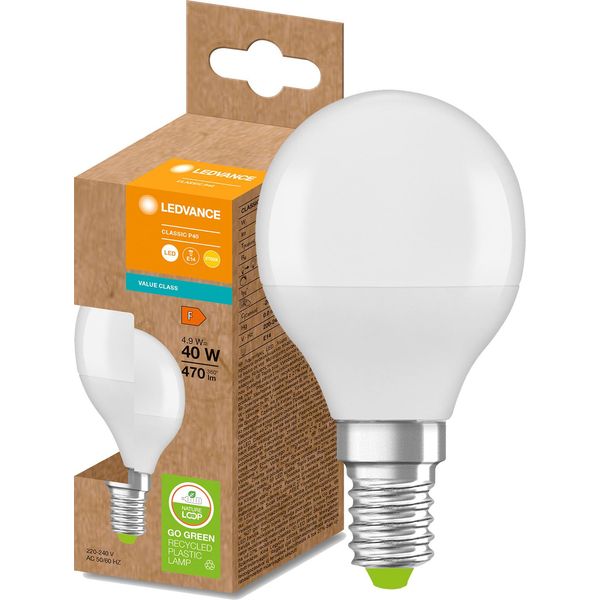 Lampadina Led Pcr E14 P45 4,9W = 40W 470Lm 2700K 200° Eco Riciclaggio Caldo Ledvance-image