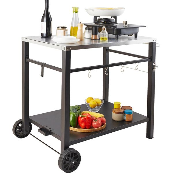 Succebuy Carrello Per Barbecue Da Esterno Con Doppio Ripiano, Tavolo Mobile Per La Preparazione Del Barbecue, Piastra Multifunzionale In Acciaio Inox, Carrello Modulare Portatile Per Forni Da Pizza, Tavolo Da Lavoro Con Maniglia Di Trasporto E 2 Ruote-image