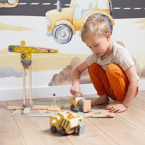 Set Da Cantiere Con Gru Rotante E Veicoli In Legno - Gioco Per Bambini-image