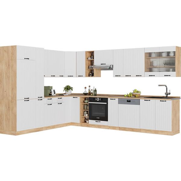 Vicco Cucina Angolare Completa Fame-Line, 347 X 60 Cm , Pl Marmo, Bianco Casa Di Campagna/Quercia Dorata-image