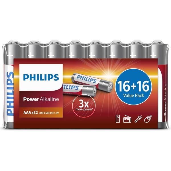 Philips Power Alkaline Batterie LR03P32FV/10, Batterie Usa E Getta, Aaa, Alcaline, 1,5 V, 32 Pezzi, 3 Anni-image