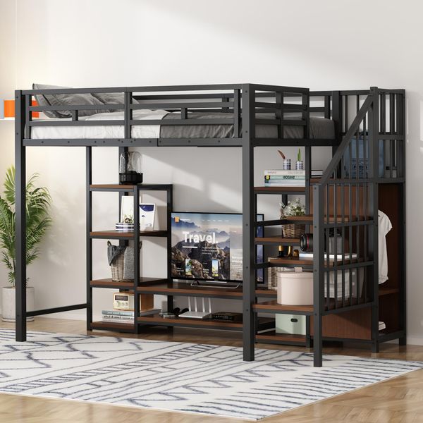 Letto A Soppalco Merax 90X200 Con Porta Tv, Letto Per Bambini Con Presa E Scala Di Sicurezza, Letto A Castello In Metallo E Legno, Letto A Soppalco Salvaspazio, Nero-image