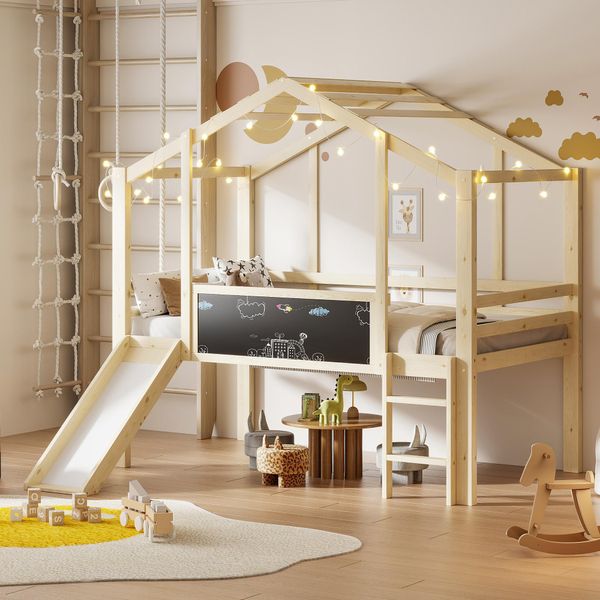 Letto A Castello Per Bambini Merax 90X200 Cm Con Scivolo, Letto A Casetta In Legno Massiccio Con Scala E Pannello Per Graffiti, Letto A Soppalco Sicuro E Salvaspazio Con Ringhiera, Natura-image