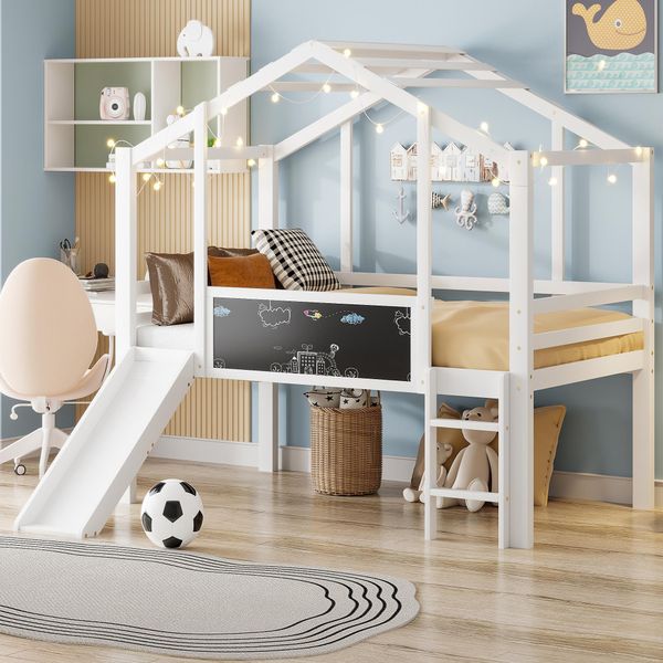 Letto A Castello Per Bambini Merax 90X200 Cm Con Scivolo, Letto A Casetta In Legno Massiccio Con Scala E Pannello Per Graffiti, Letto A Soppalco Sicuro E Salvaspazio Con Ringhiera, Bianco-image