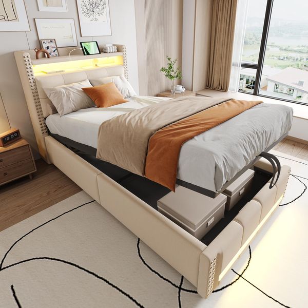 Letto Imbottito Idraulico Merax 90X200 Cm Per Bambini Con Illuminazione A Led E Presa Usb, Letto Singolo Con Contenitore Sulla Testata, Tessuto Di Lino Beige-image