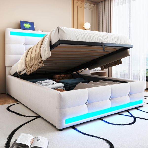 Letto Imbottito Merax 90X200 Con Contenitore Idraulico, Letto Matrimoniale Con Usb E Striscia Luminosa A Led, Testata Regolabile In Altezza, Tessuto Di Lino, Beige-image