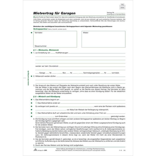 Rnk Verlag 553/10 Contratto Di Locazione Per Garage, 4 Pagine, Piegato In Din A4, 10 Pezzi-image