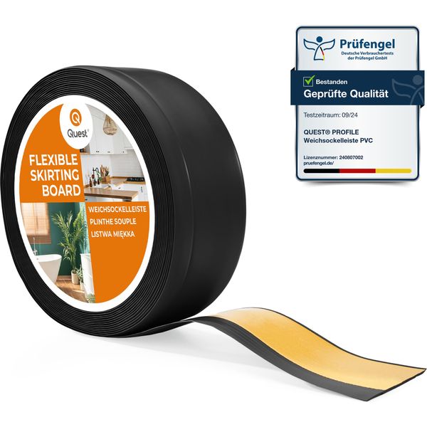 Quest Battiscopa In Pvc 70X20Mm, 25M, Autoadesivo, Battiscopa Morbido, Flessibile, Nero-image