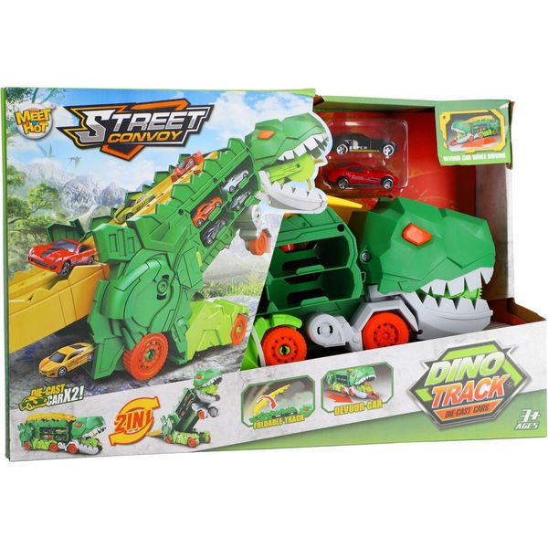 Kiddygo Transporter Dino Giocattolo Con 2 Auto In Diecast E Pista Da Corsa-image