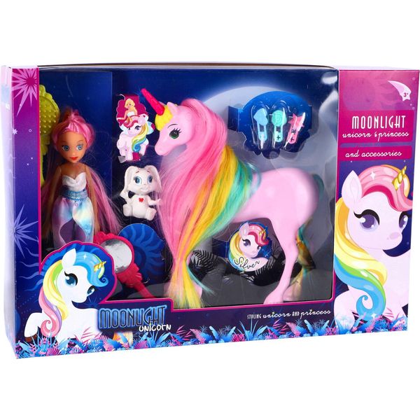 Set Di Bambole Moonlight Con Unicorno E Accessori - Capelli Colorati-image