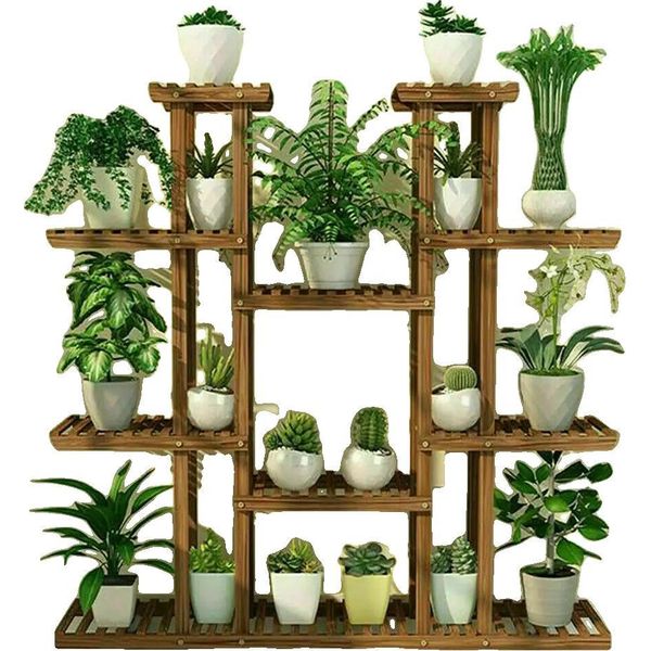 Supporto Per Piante, 9 Livelli, Design Resistente In Legno E Metallo, Marrone-image