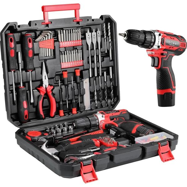 Set Di Utensili - Valigetta Da 138 Pezzi Con Trapano Avvitatore A Batteria Da 12 V - Cricchetto - Utensili In Metallo - In Valigetta - 38×29×8.5 Cm - Rosso-image